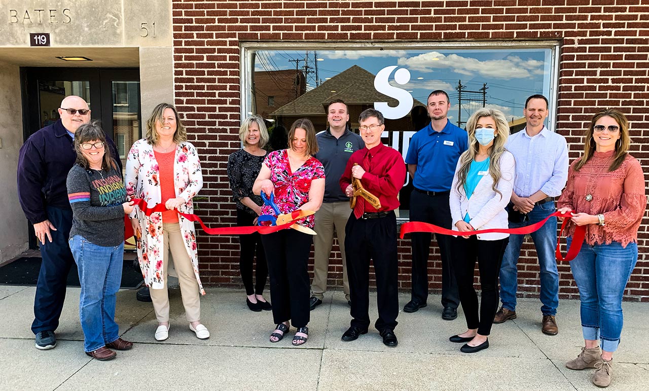 Scheidler Web Solutions ribbon cutting with Greensburg/Decatur County Chamber of Commerce and Batesville Area Chamber of Commerce, May 14, 2021. Photo courtesy wrbiradio.com.